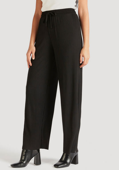 Ribbed Wide Leg Trousers with Drawstring Closure