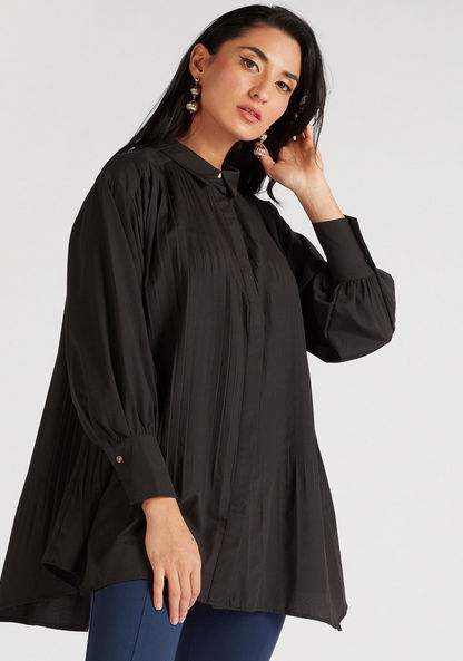 Pleated Collared Asymmetric Shirt with Long Sleeves