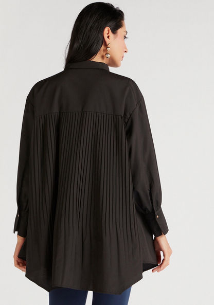 Pleated Collared Asymmetric Shirt with Long Sleeves
