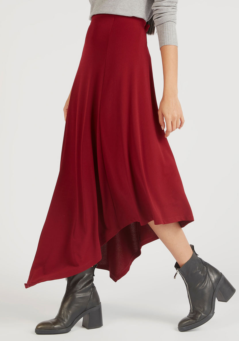 Solid Asymmetric Midi Skirt with Elasticated Waistband-Skirts-image-0