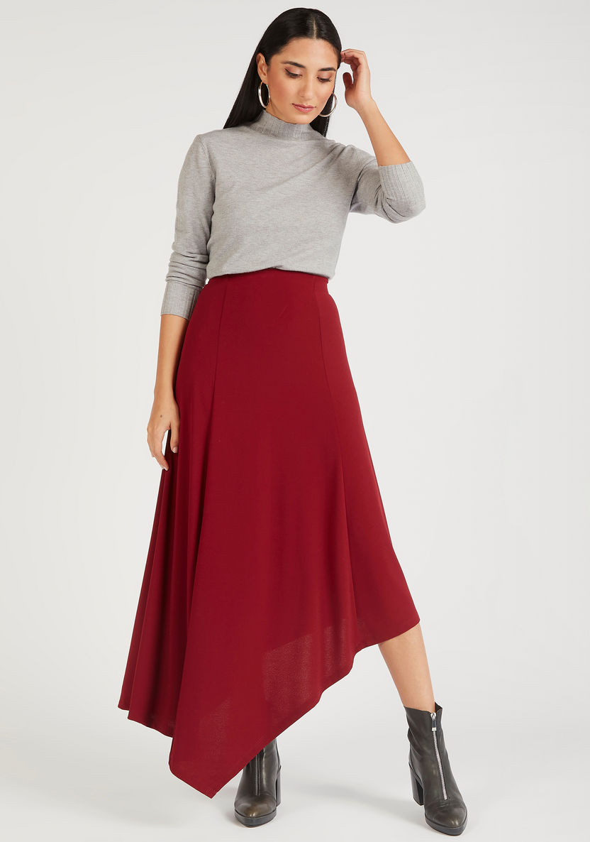 Solid Asymmetric Midi Skirt with Elasticated Waistband-Skirts-image-1