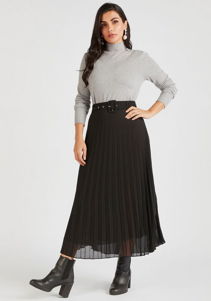 Pleated Maxi A-line Skirt with Belt