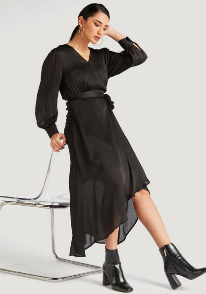 Solid V-neck Wrap Midi Dress with Long Sleeves