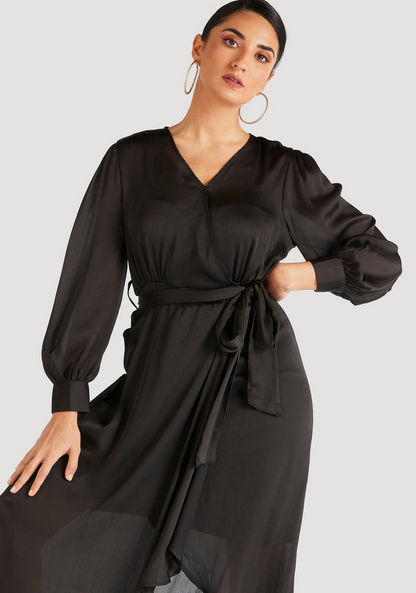 Solid V-neck Wrap Midi Dress with Long Sleeves