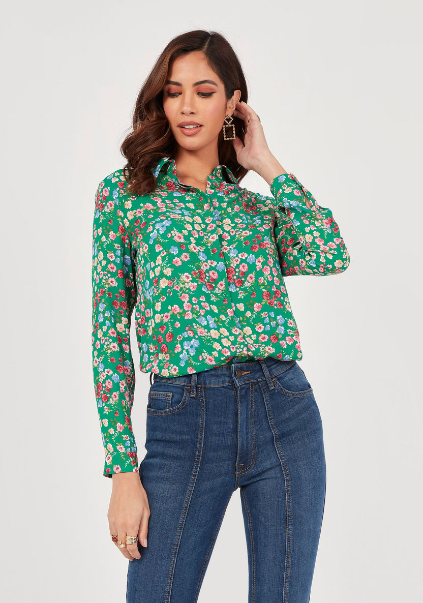 Floral Print Shirt with Long Sleeves and Button Closure-Shirts & Blouses-image-0