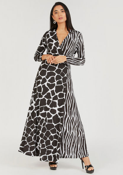 Printed Maxi Wrap Dress with Long Sleeves-Dresses-image-0