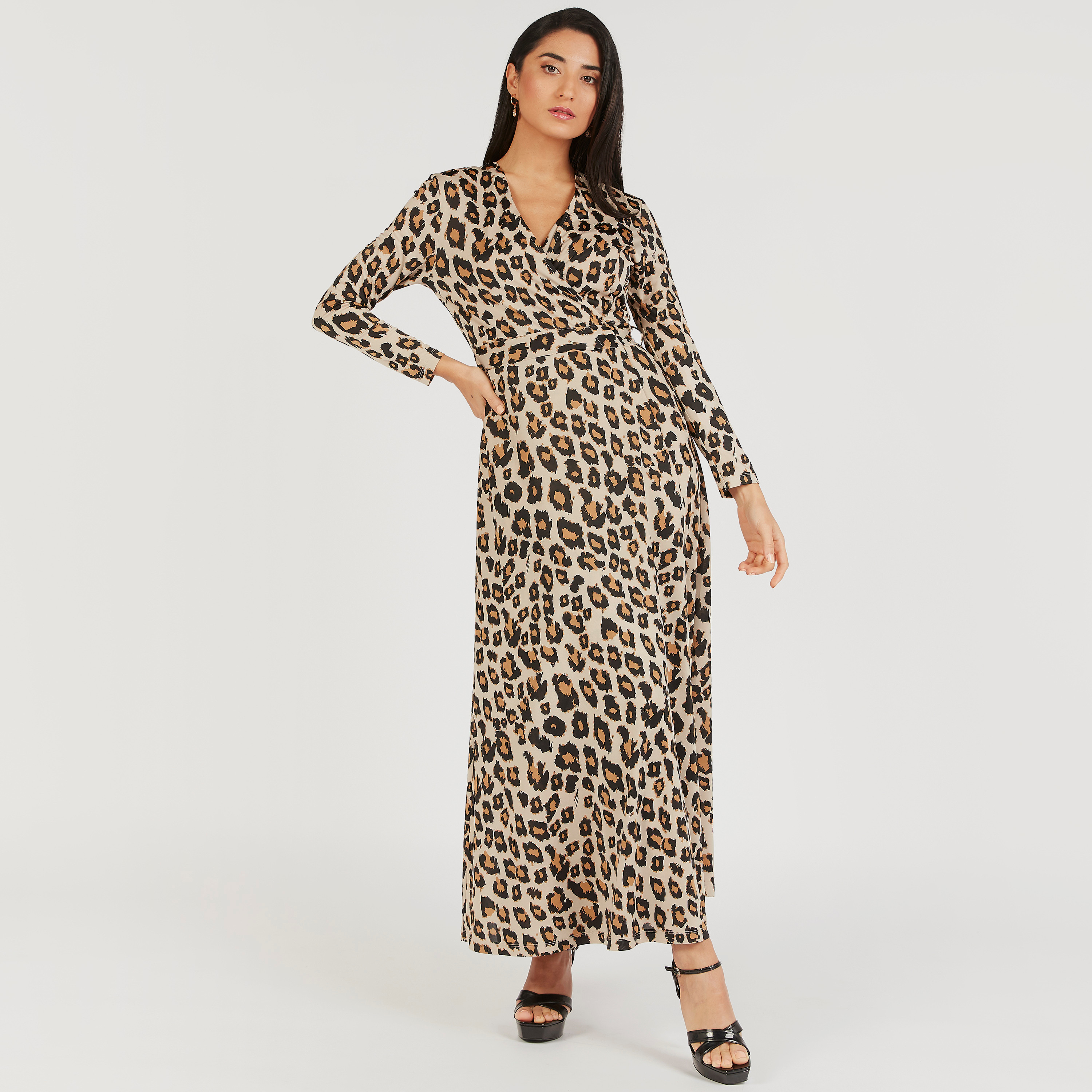 فستان طويل ملفوف بطبعات حيوان وأكمام طويلة ورباط-women-clothing-dresses-image-2