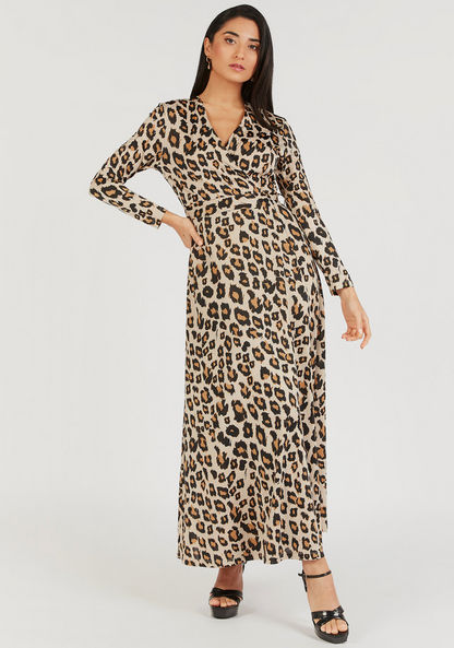 Animal Print Maxi Wrap Dress with Long Sleeves and Tie-Up-Dresses-image-1