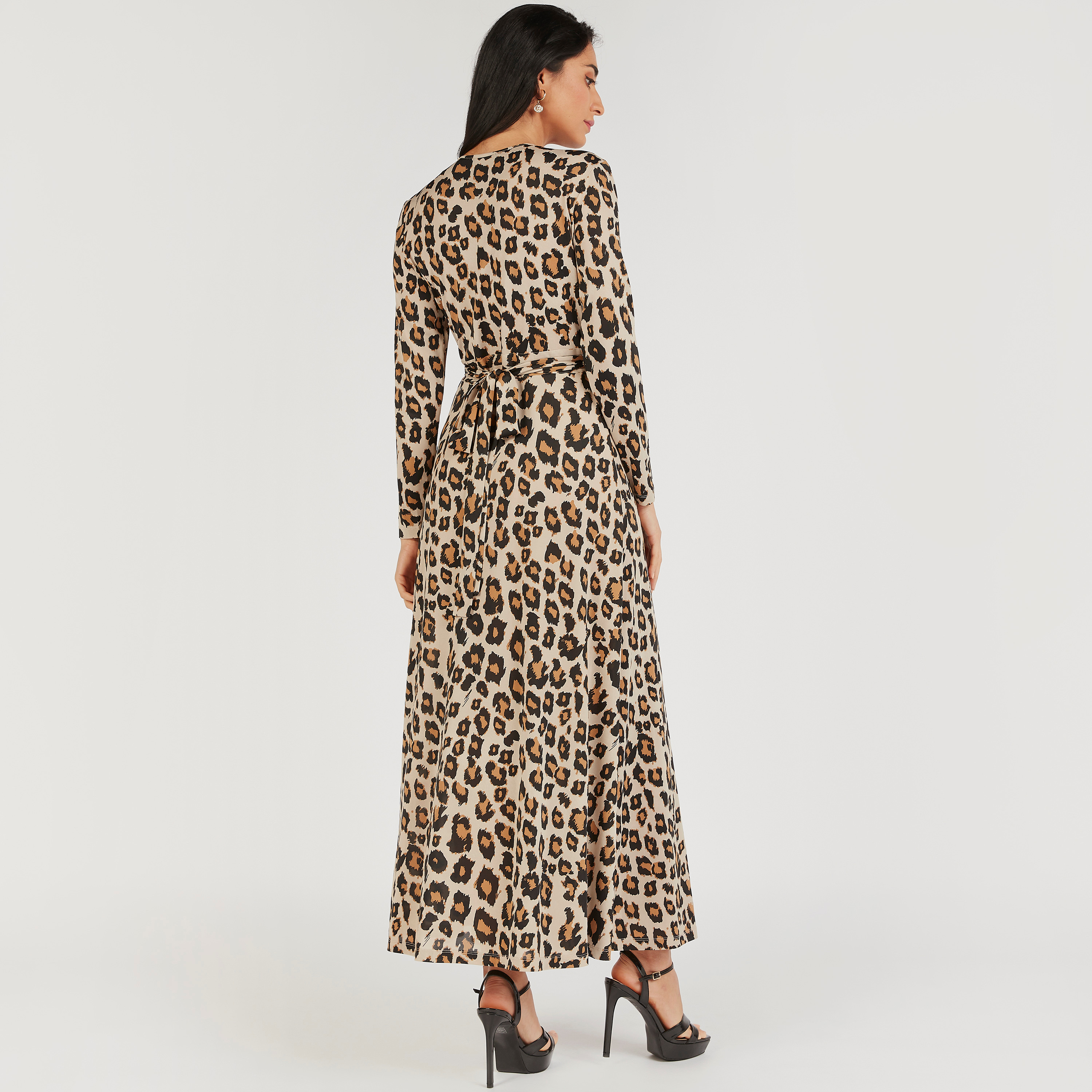فستان طويل ملفوف بطبعات حيوان وأكمام طويلة ورباط-women-clothing-dresses-image-4