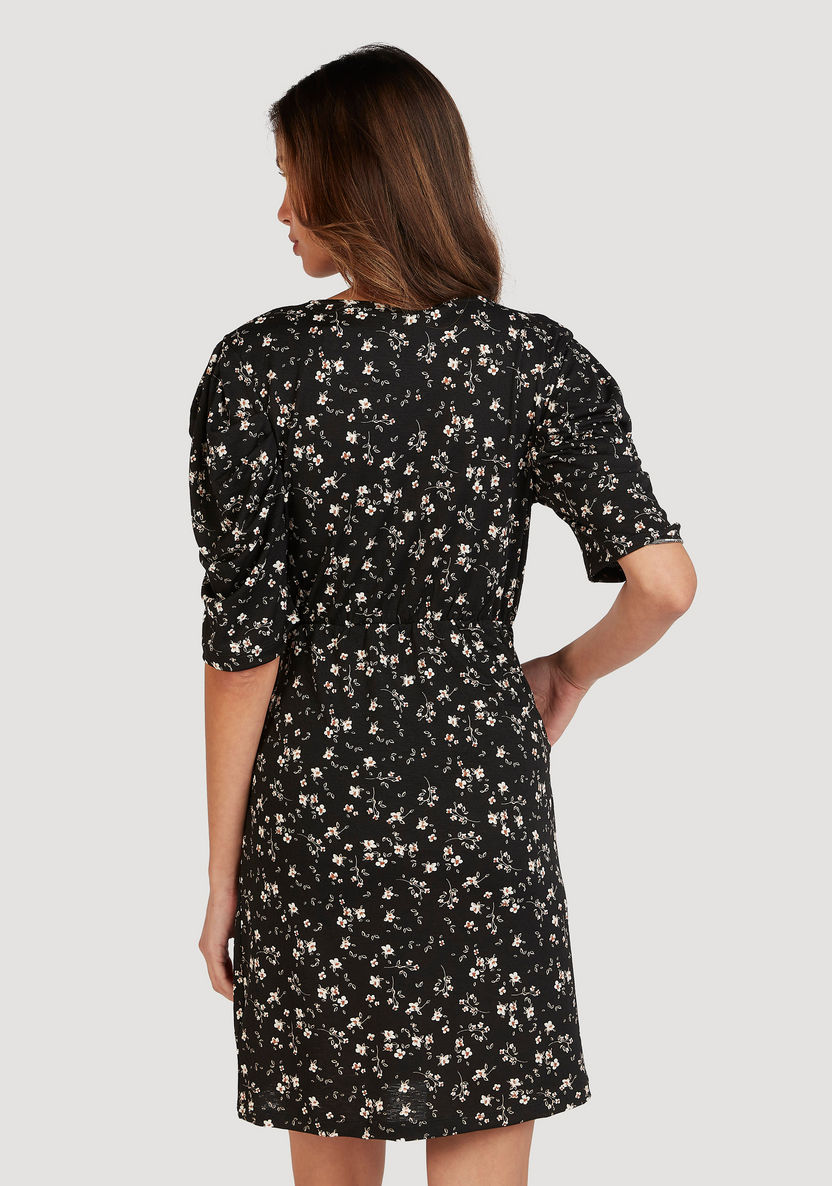 Floral Print V-neck Wrap Dress with Short Sleeves and Pocket-Dresses-image-3