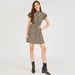Animal Print Mini A-line Dress with High Neck and Ruffled Sleeves-Dresses-thumbnail-1