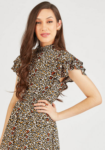 Animal Print Mini A-line Dress with High Neck and Ruffled Sleeves-Dresses-image-2