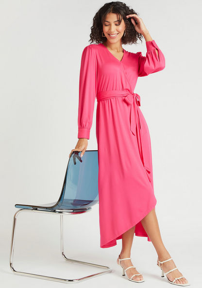 Solid Midi Wrap Dress with Tie-Up Belt and Long Sleeves