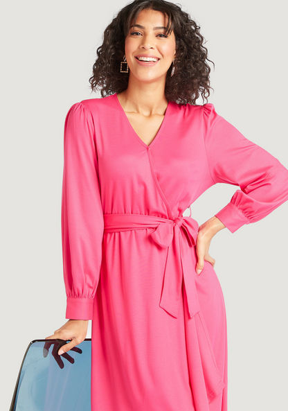 Solid Midi Wrap Dress with Tie-Up Belt and Long Sleeves