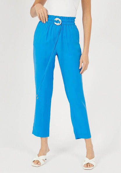 Solid High-Rise Pants with Pockets and Drawstring Closure-Pants-image-0
