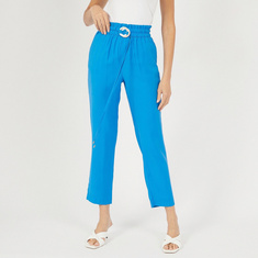 Solid High-Rise Pants with Pockets and Drawstring Closure