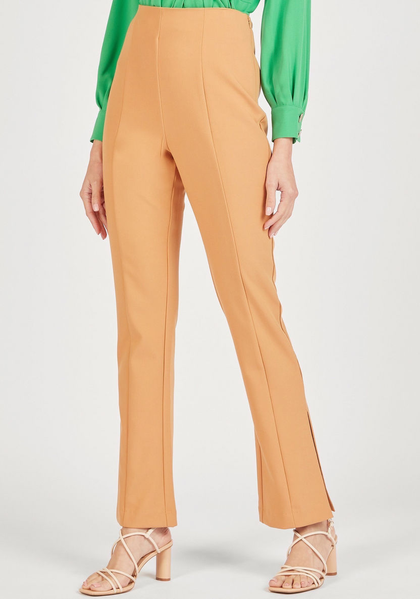 Solid Mid-Rise Trousers with Zip Closure and Slits-Pants-image-0