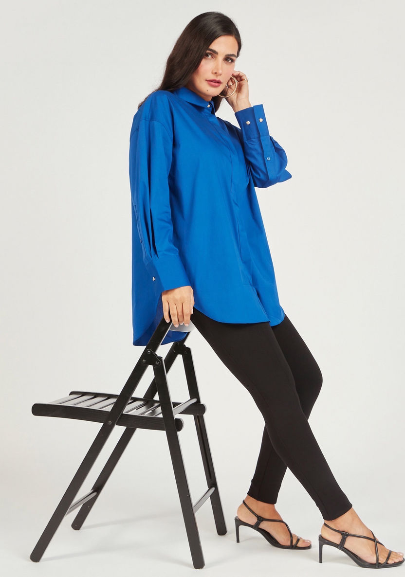 Solid Long Sleeve Shirt with Button Closure and Slit Detail-Tops-image-1