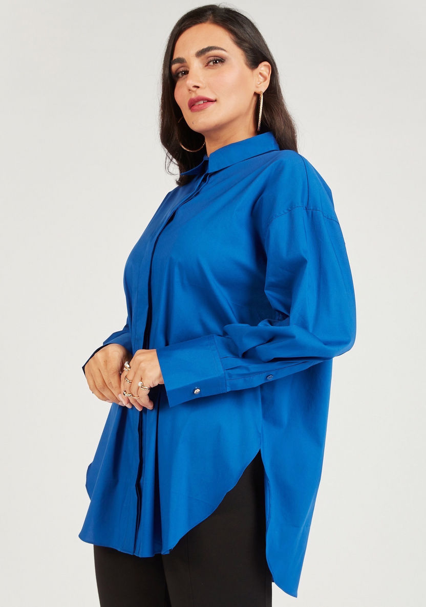 Solid Long Sleeve Shirt with Button Closure and Slit Detail-Tops-image-4