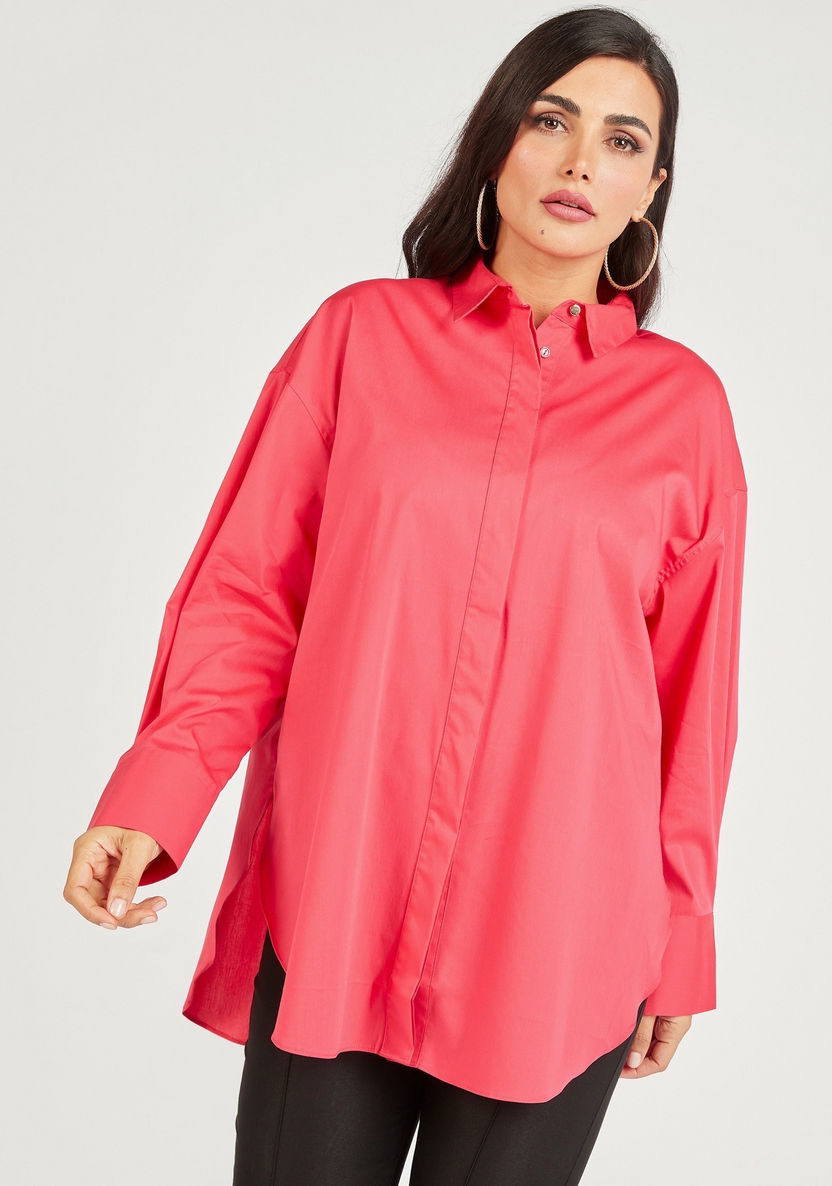 Solid Long Sleeve Shirt with Button Closure and Slit Detail-Tops-image-0