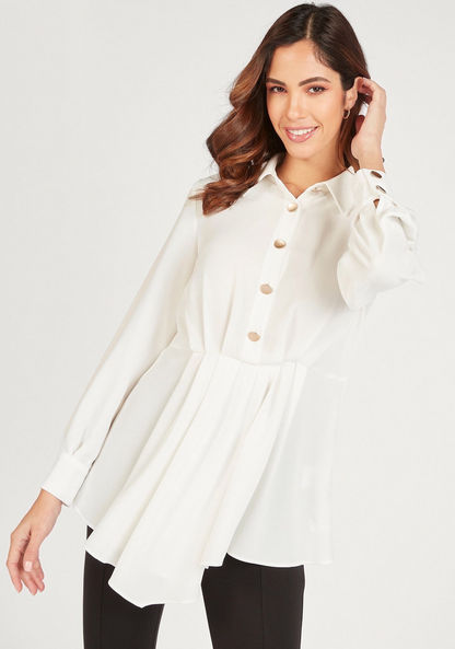 Solid Tunic with Button Closure and Long Sleeves-Shirts & Blouses-image-0