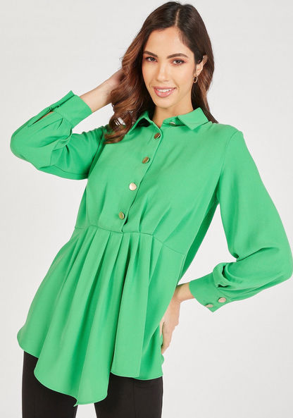 Solid Tunic with Button Closure and Long Sleeves-Shirts & Blouses-image-2
