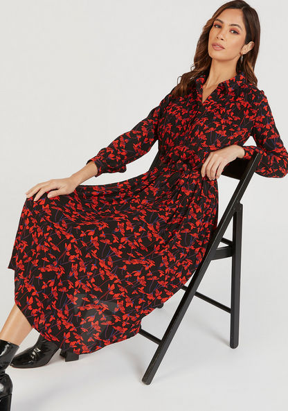 Floral Print Midi A-line Pleated Dress with Pocket and Long Sleeves-Dresses-image-0