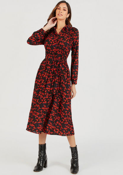 Floral Print Midi A-line Pleated Dress with Pocket and Long Sleeves-Dresses-image-1