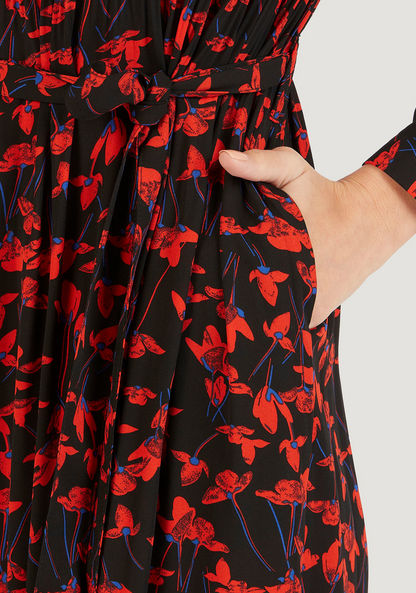 Floral Print Midi A-line Pleated Dress with Pocket and Long Sleeves-Dresses-image-2