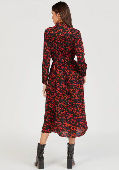 Floral Print Midi A-line Pleated Dress with Pocket and Long Sleeves-Dresses-image-3