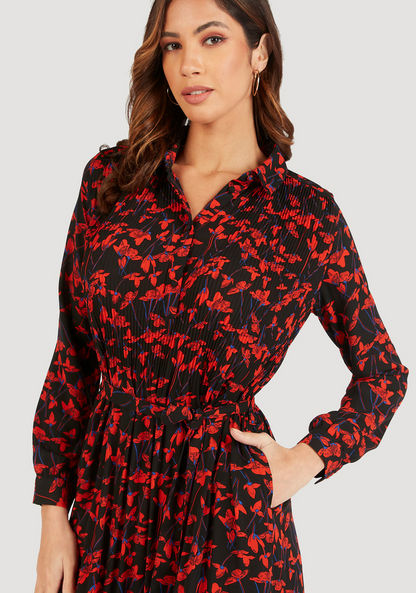 Floral Print Midi A-line Pleated Dress with Pocket and Long Sleeves-Dresses-image-4