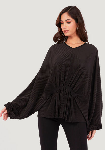 Solid V-neck Oversized Top with Long Sleeves and Pleated Detail-T Shirts-image-0