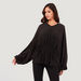 Solid V-neck Oversized Top with Long Sleeves and Pleated Detail-T Shirts-thumbnail-0