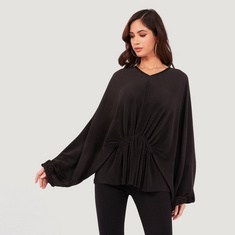 Solid V-neck Oversized Top with Long Sleeves and Pleated Detail