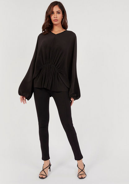 Solid V-neck Oversized Top with Long Sleeves and Pleated Detail-T Shirts-image-1
