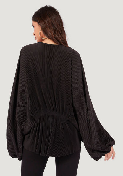 Solid V-neck Oversized Top with Long Sleeves and Pleated Detail-T Shirts-image-3