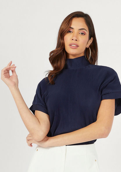 Textured High Neck Top with Short Sleeves-Shirts & Blouses-image-0