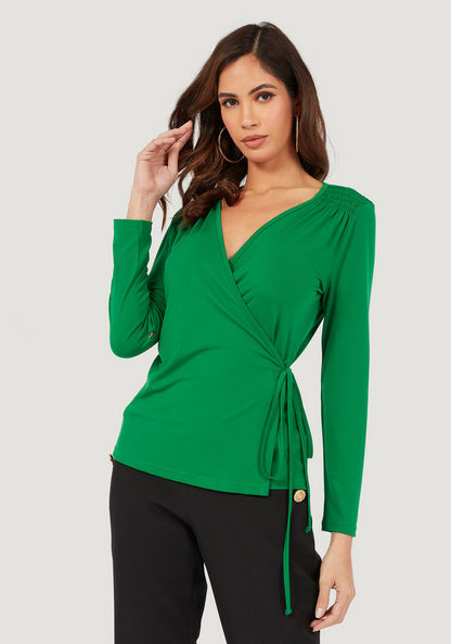 Solid Wrap Top with Long Sleeves-Shirts & Blouses-image-0