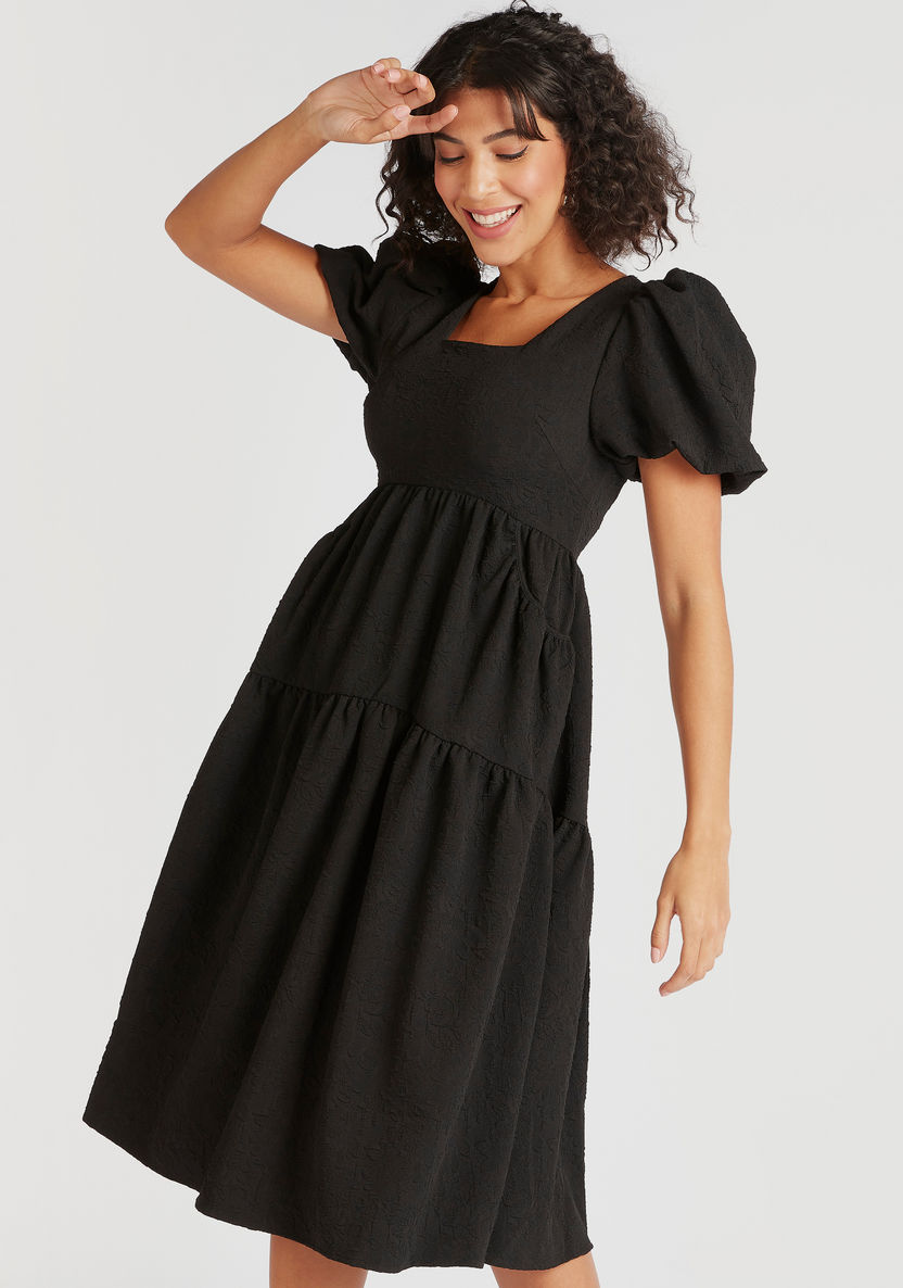 Textured Midi A-line Tiered Dress with Square Neck-Dresses-image-0
