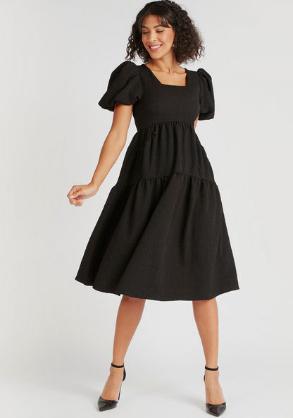 Textured Midi A-line Tiered Dress with Square Neck-Dresses-image-1