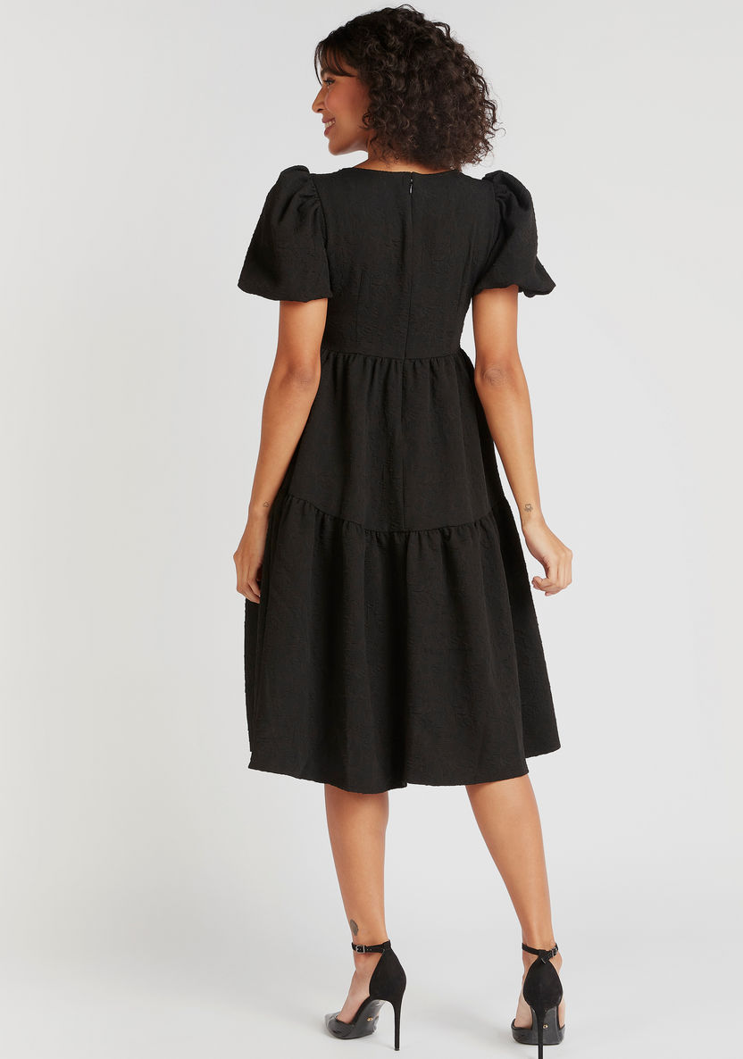 Textured Midi A-line Tiered Dress with Square Neck-Dresses-image-3