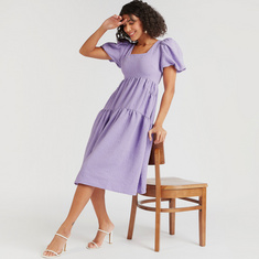 Textured Midi A-line Tiered Dress with Square Neck