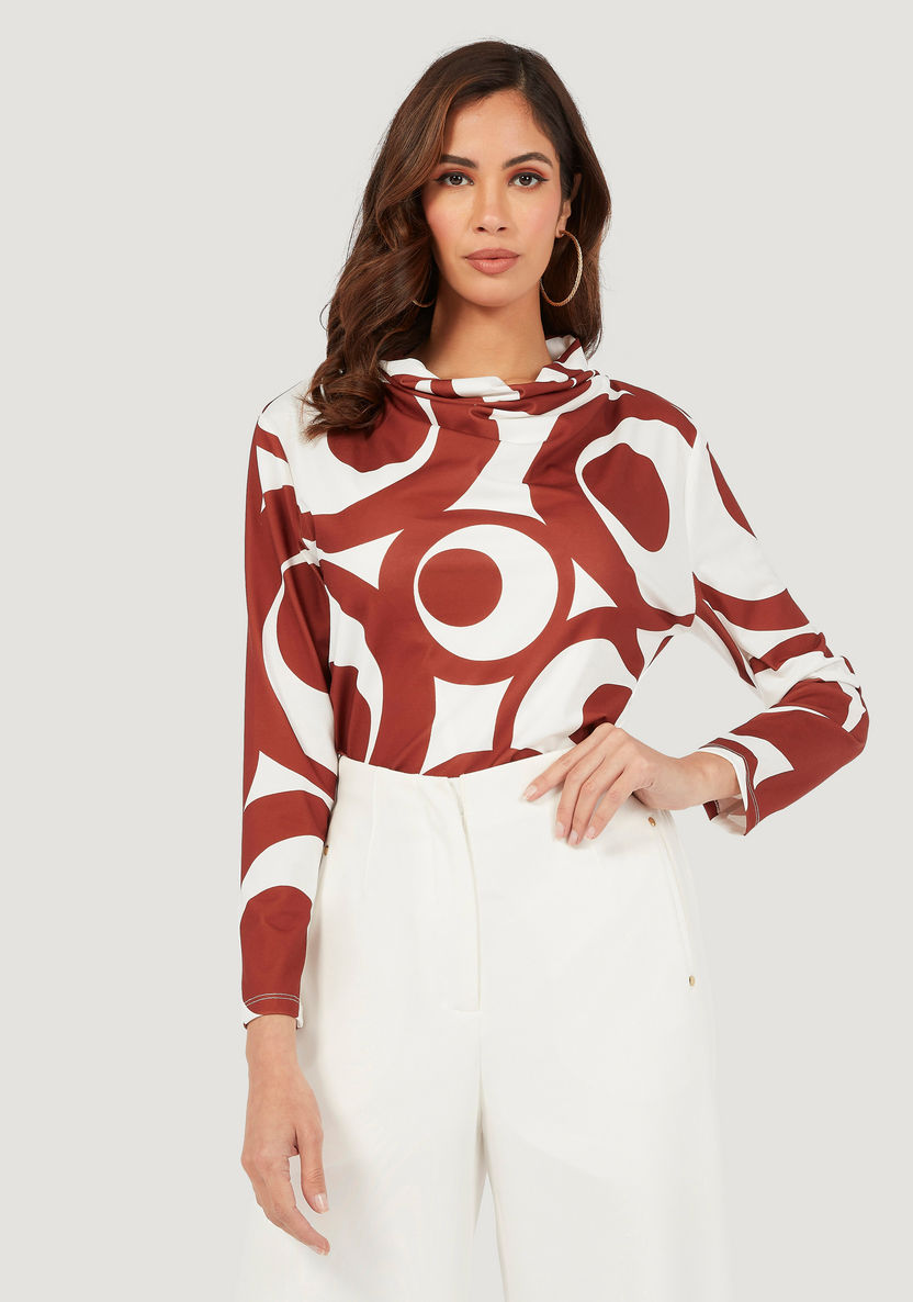 Printed Cowl Neck Top with Long Sleeves-Tops-image-0