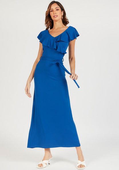 Textured Maxi A-line Dress with Ruffle Detail and Belt-Dresses-image-0
