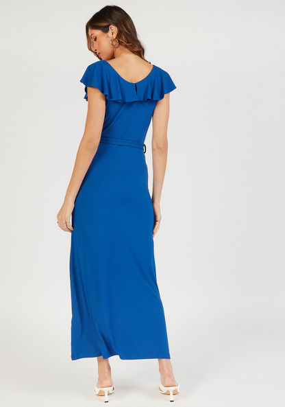 Textured Maxi A-line Dress with Ruffle Detail and Belt-Dresses-image-3