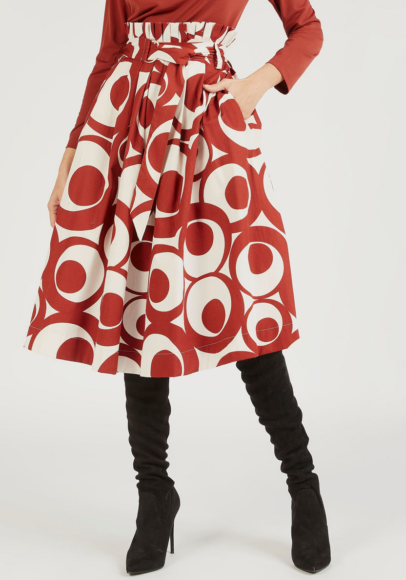 Printed Midi A-line Skirt with Paperbag Waist and Pockets-Skirts-image-0