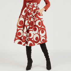 Printed Midi A-line Skirt with Paperbag Waist and Pockets