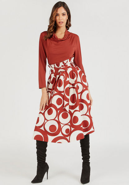 Printed Midi A-line Skirt with Paperbag Waist and Pockets-Skirts-image-1