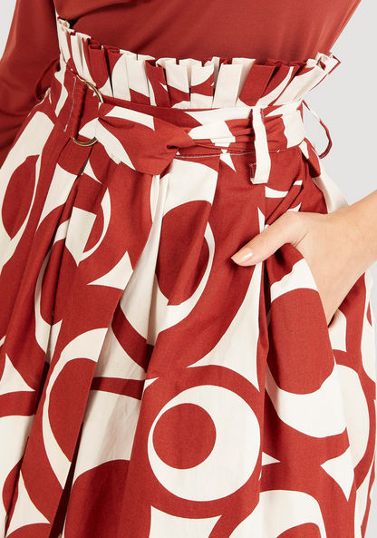 Printed Midi A-line Skirt with Paperbag Waist and Pockets-Skirts-image-2