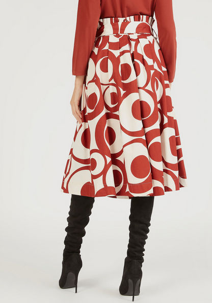 Printed Midi A-line Skirt with Paperbag Waist and Pockets-Skirts-image-3